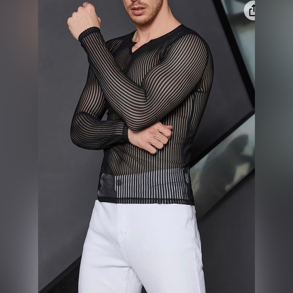 Men's Sheer Mesh See Through Notched V Neck Long Sleeve T Shirt Party Tops - Picture 6 of 7